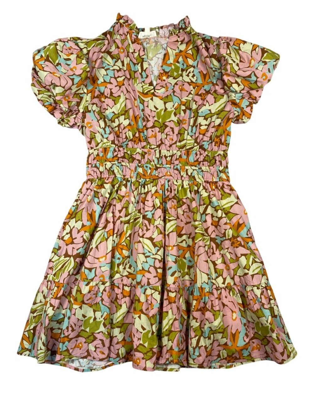 Entro Anthropologie Floral Puff Sleeve Mini Dress Smocked Waist Ruffle L Cotton - Picture 2 of 7